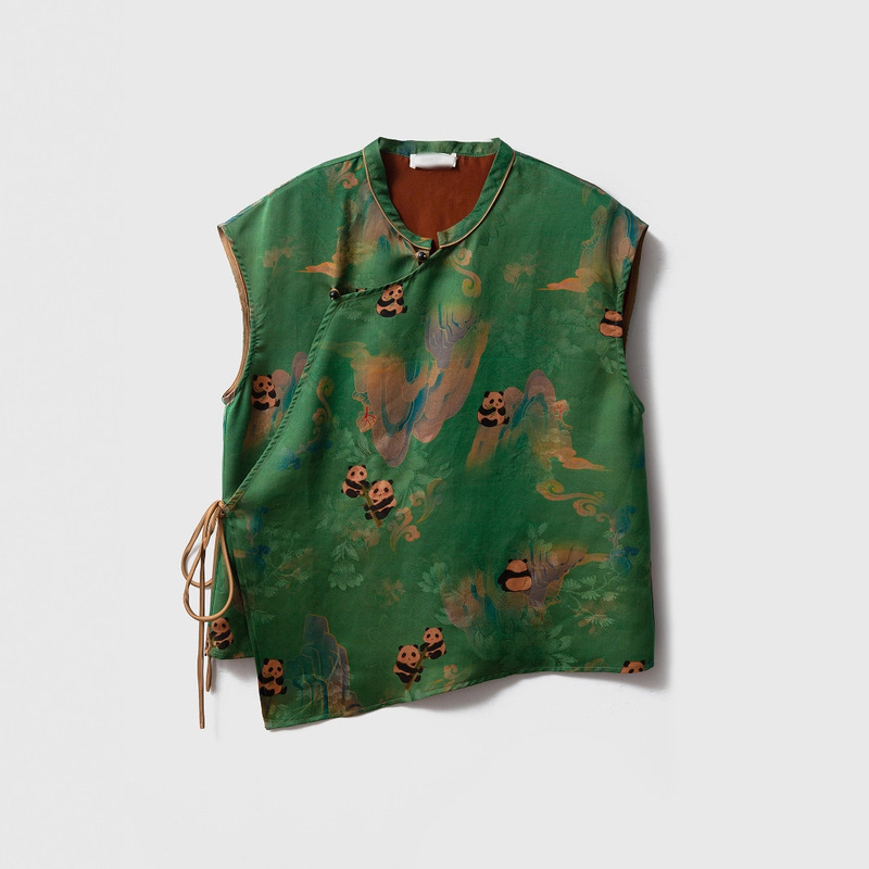 In Stock: Panda Pattern Xiangyun Silk Floral Lace New Chinese Style Sleeveless Top, 100% Mulberry Silk, Diagonal Placket In Stock: Panda Pattern Xiangyun Silk Floral Lace New Chinese Style Sleeveless Top, 100% Mulberry Silk, Diagonal Placket