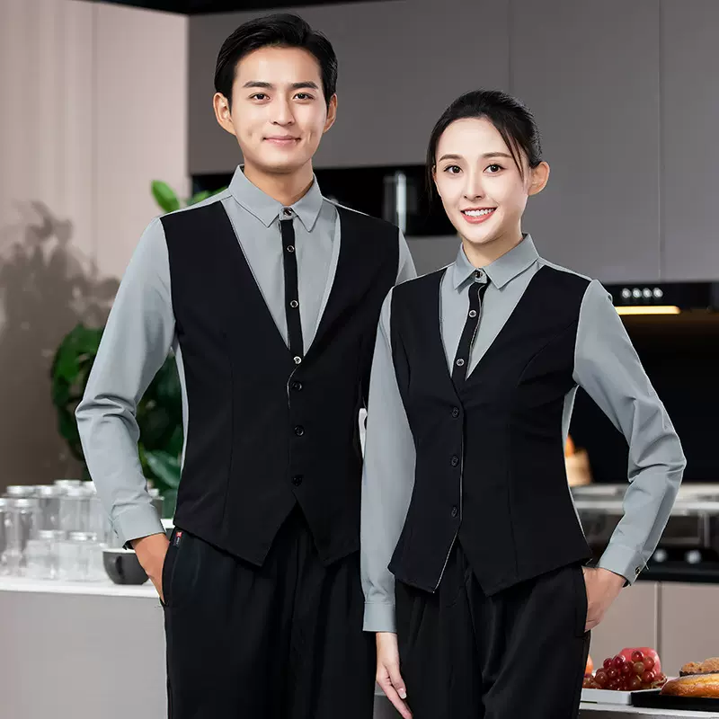 酒店吧台KTV服务员工作服长袖秋季西餐厅餐饮火锅饭店工衣假两件