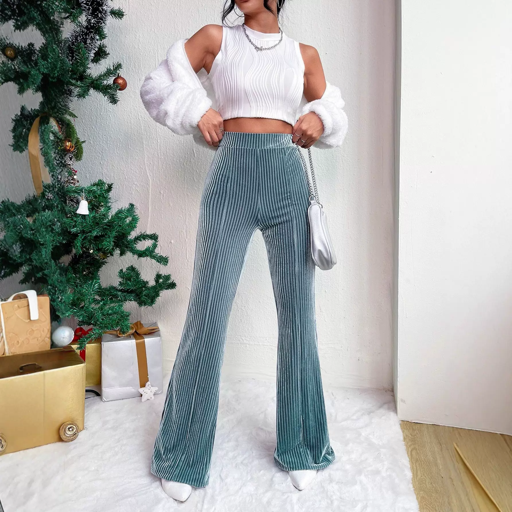 2025欧美亚马逊爆款外贸新款时尚高腰弹力丝绒坑条喇叭裤休闲长裤