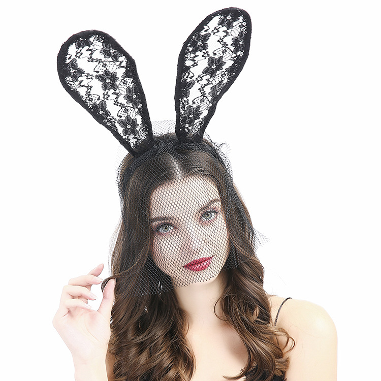 Diadema de encaje de celebridades de Internet Diadema de oreja de conejo negro Diadema de encaje de baile Diadema de fiesta de alta gama femenina al por mayor