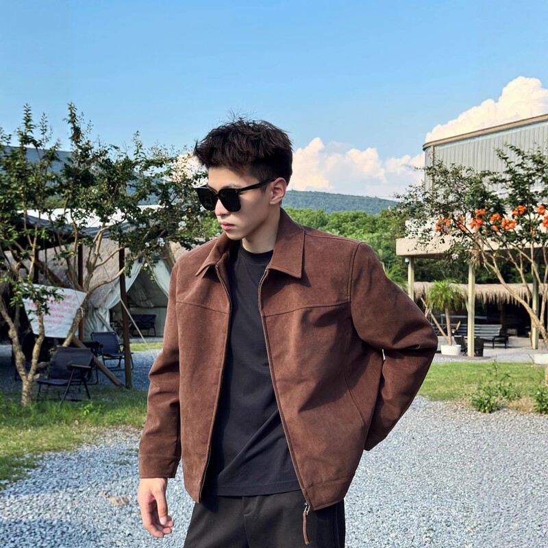 American-Style Hip-Hop Matte Faux Suede Jacket for Men and Women, Trendy Hip-Hop Brand, Loose-Fitting, High-End Feel, Solid Color Biker Jacket