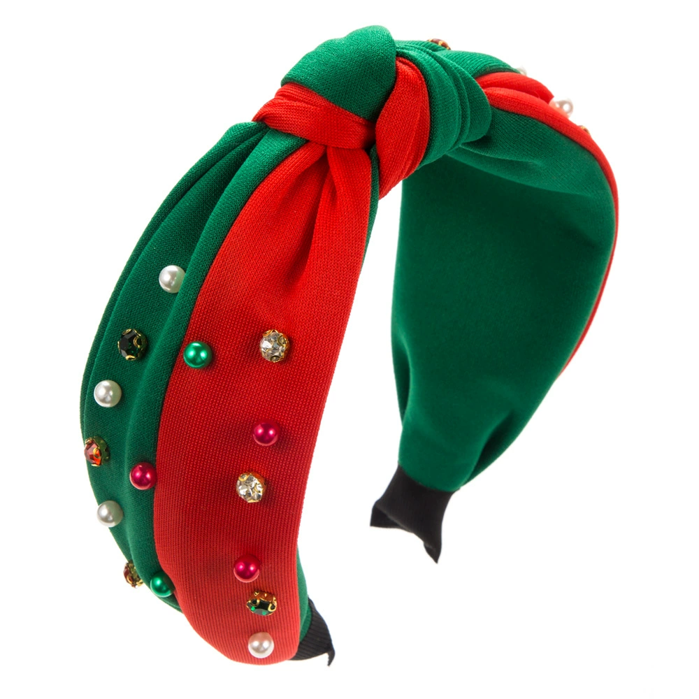 Hairband headband, European-style fabric with pearls, Christmas green/red, 15×13 cm, elegant knot