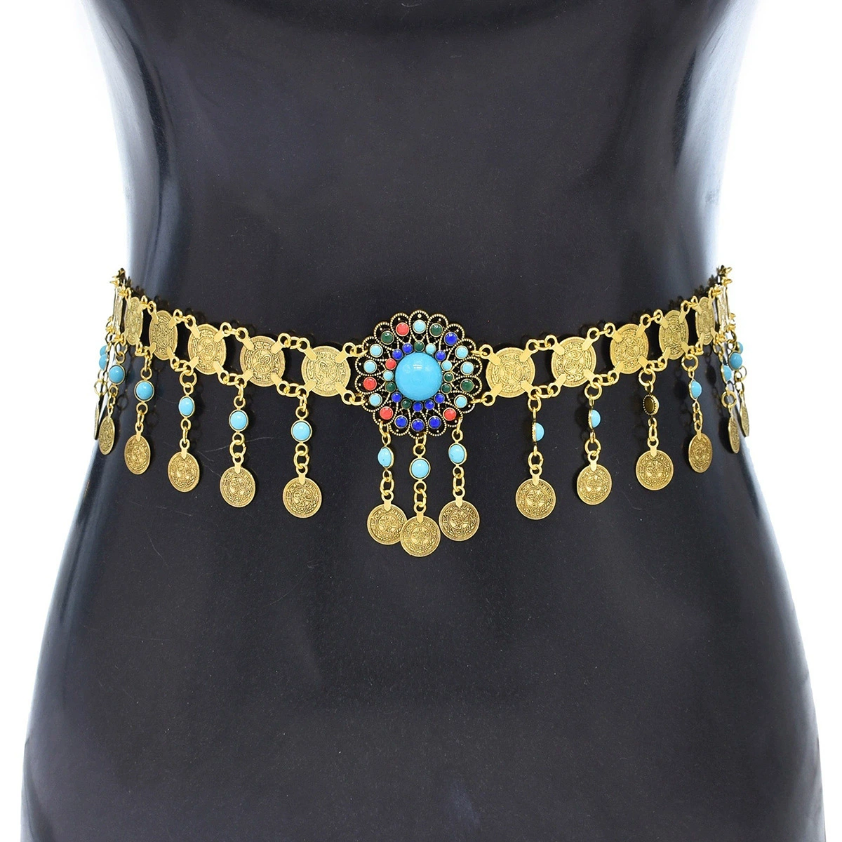 Ethnic fashionable coins with tassels, turquoise retro stone inlay, boho style, ethnic style