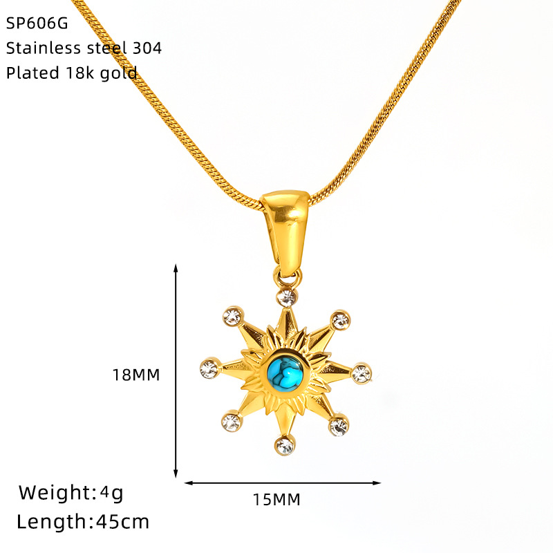 December Birthstone Turquoise, Zircon Inlay Material Pendant Necklace Classification Wholesale Jewelry IG Style Geometric 304 Stainless Steel Turquoise Zircon 18K Gold Plated Inlay Pendant Necklace Snake Chain