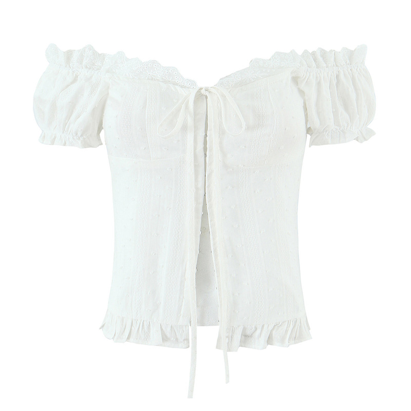 French-Style Niche First Love White Lace Collar Sexy Tie-Back Elastic Jacquard Polka Dot Puff Sleeve Vintage Blouse