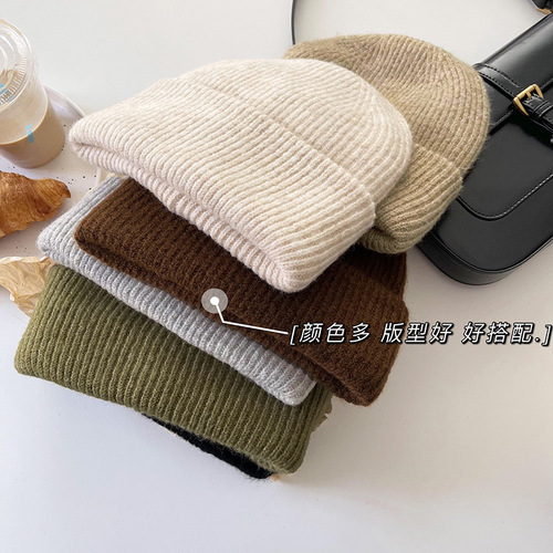 chaowarm~Solid color winter warm woolen hat showing face small knitted pile hat soft big head hat for women