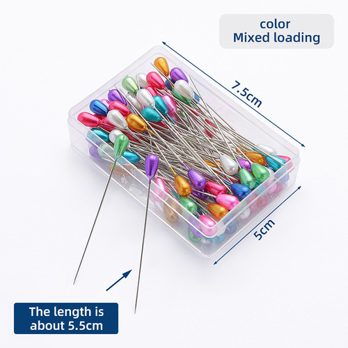 Manufacturer of 100 pieces of colorful plastic boxed pear-shaped beaded needles for clothing vertical cutting pearlescent needles sewing positioning pins