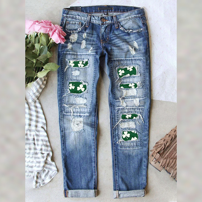 2023 Summer new St. Patrick's Day European and American Amazon jeans women's Clover printed mid-waist trousers women