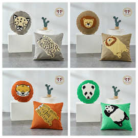 可爱动物艺术客厅沙发抱枕刺绣靠垫熊猫狮子圆靠垫玩偶礼品坐垫