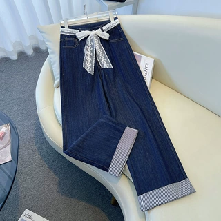 丹宁蓝翻边阔腿牛仔裤女薄款2026年夏季新款韩版爆款九分直筒裤子