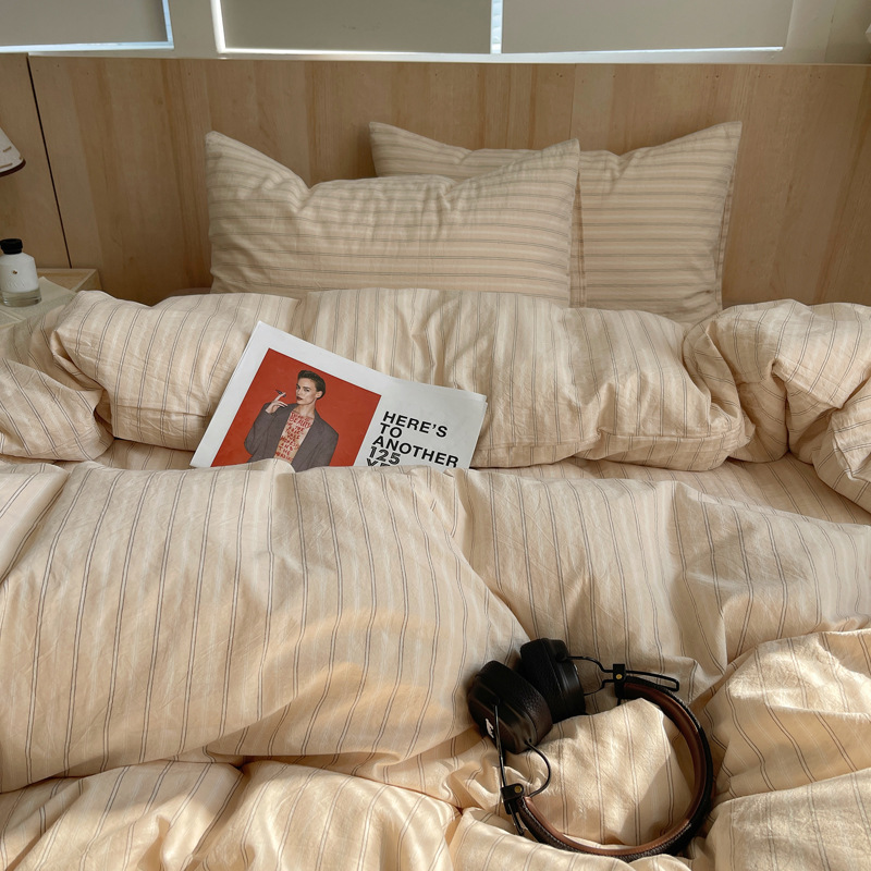 Conjunto de roupa de cama em algodão lavado às riscas 4 peças_voghion.com