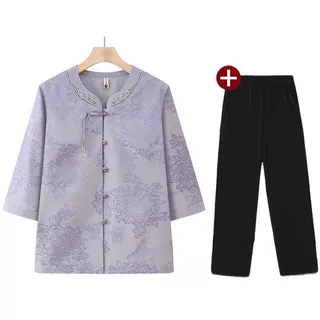 奶奶装夏装中国风衬衫中老年人衣服女洋气妈妈七分袖薄款上衣套装