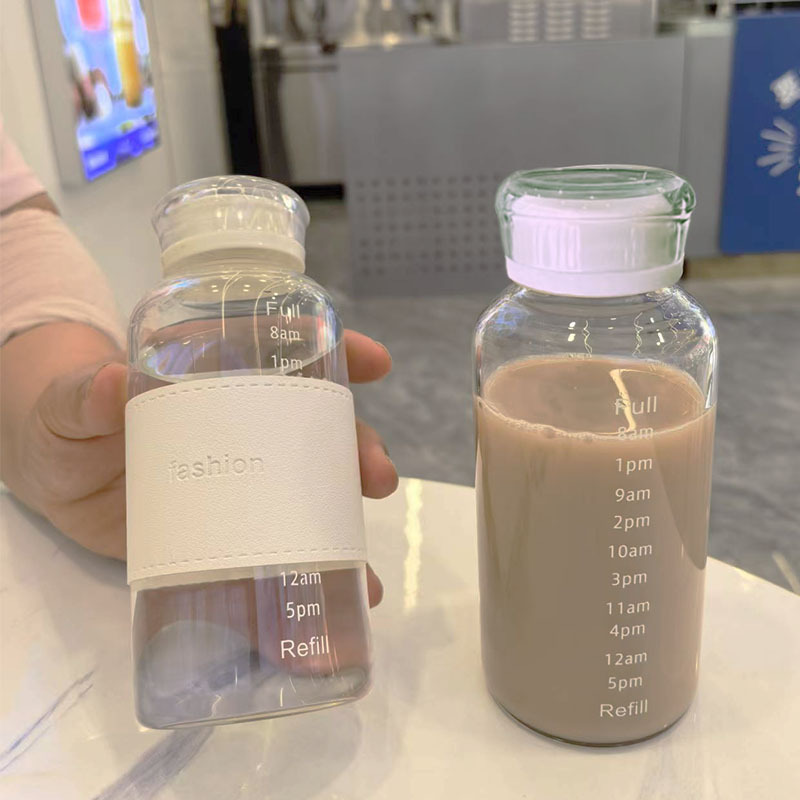 批发ins风水杯夏季高颜值时间刻度杯简约透明带盖玻璃水杯便携|undefined