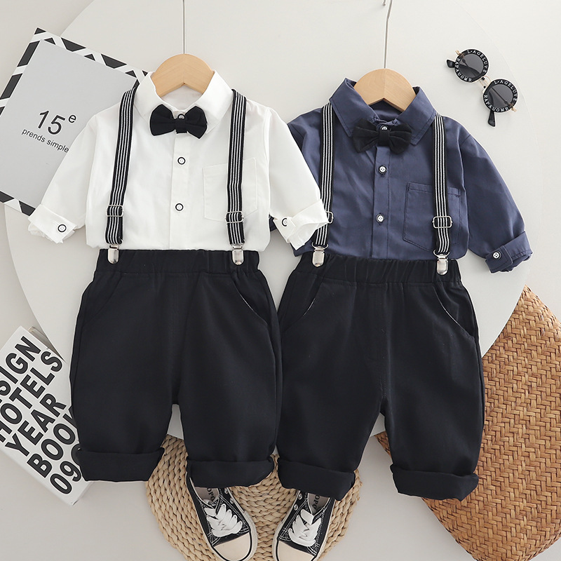 Foreign Trade 2025 Cross-Border Autumn Boys Pure Color Long-Sleeved Shirt Shoulder Straps Overalls Small and Medium-Sized Kidsren Casual Two-Piece Suit