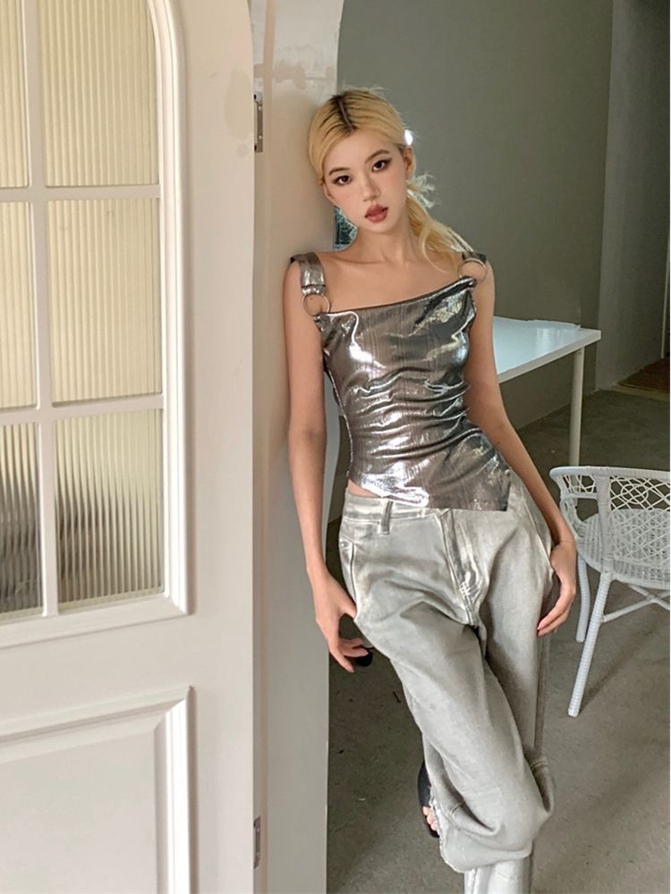 美式復古高級感銀色吊帶背心女夏季辣妹不規修身短款炸街上衣外穿