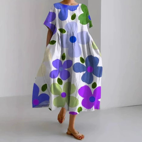 Летнее платье 2025 года от Amazon, европейский и американский стиль, свободного кроя, с круглым вырезом, модное, высококачественное, с коротким рукавом и принтом.