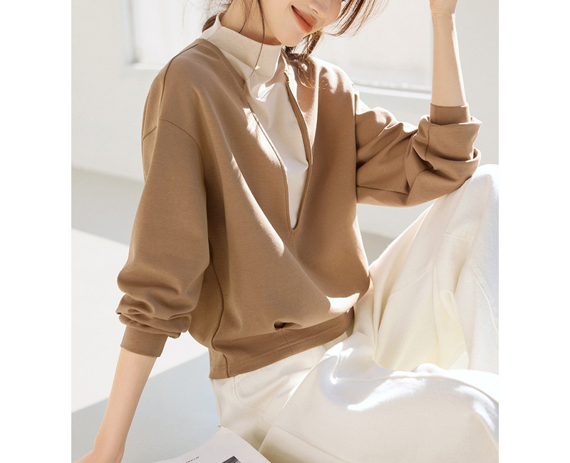 流行假两件设计长袖上衣2025秋季新款宽松休闲小个子女士卫衣无帽|undefined