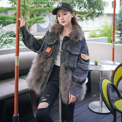 2021 winter new pattern Young models cowboy Mosaic Fox Overcome Mid length version Leather coat
