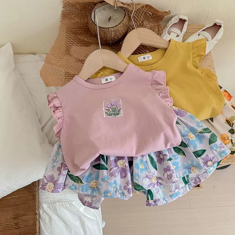 Summer set for early age, children's T-shirt, western style, floral print