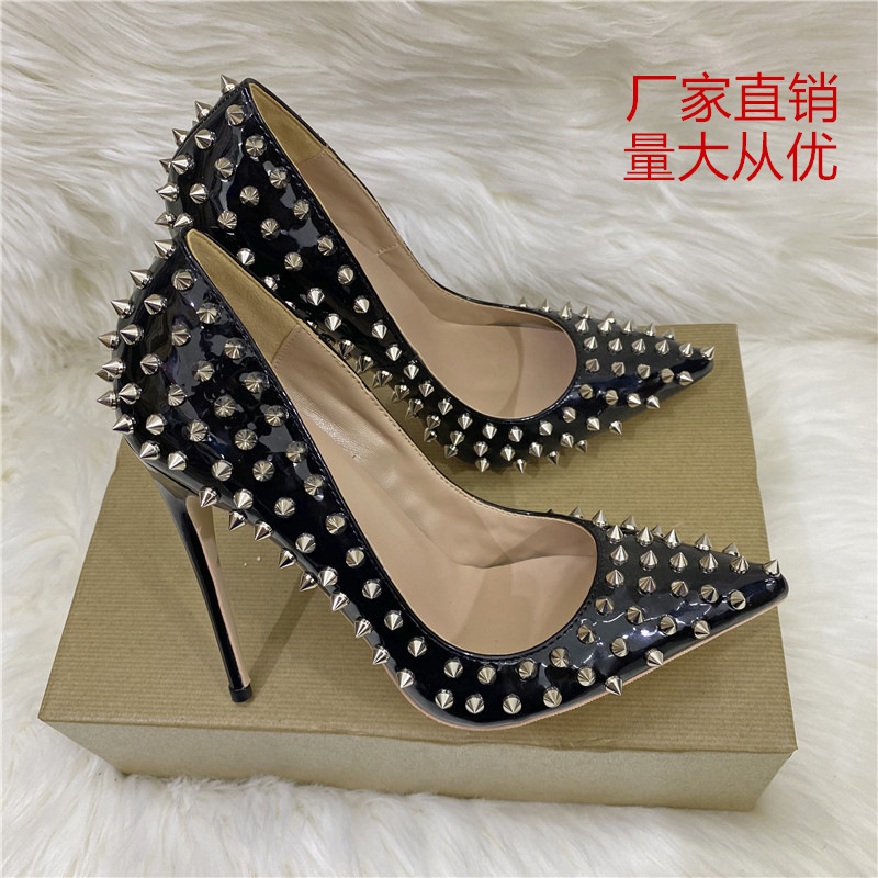 Cross-Border Foreign Trade Wholesale 2026 New Model Celebrity Studded High Heels 12cm Pointed Toe Stiletto Shallow Mouth Single Shoes Rivet Shoes Cross-Border Foreign Trade Wholesale 2026 New Model Celebrity Studded High Heels 12cm Pointed Toe Stiletto Shallow Mouth Single Shoes Rivet Shoes