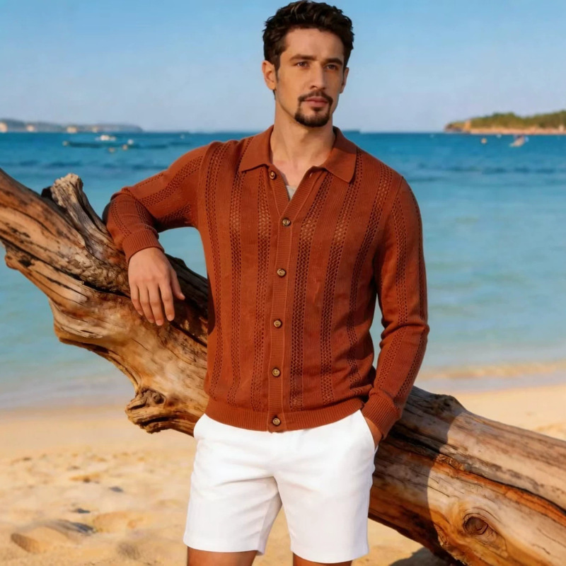 Summer Thin Style Lapel Hollow-Out Knit Cardigan for Men, Middle-Aged and Elderly, Sun-Protective Long-Sleeve Jacket, Casual Versatile Outerwear