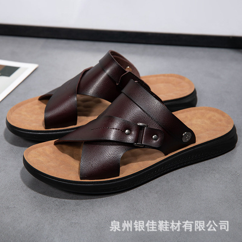 Dép sandal nam quai ngang hở ngón hai chiều chống trượt, chất liệu siêu sợi thoáng khí — Màu xanh lam, Nâu vàng, Nâu Đen, Nâu đậm