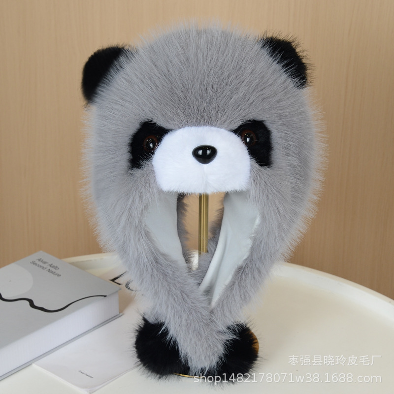 熊猫帽子冬季帽子加厚仿皮草可爱卡通护耳毛茸茸防风冬天帽子|undefined