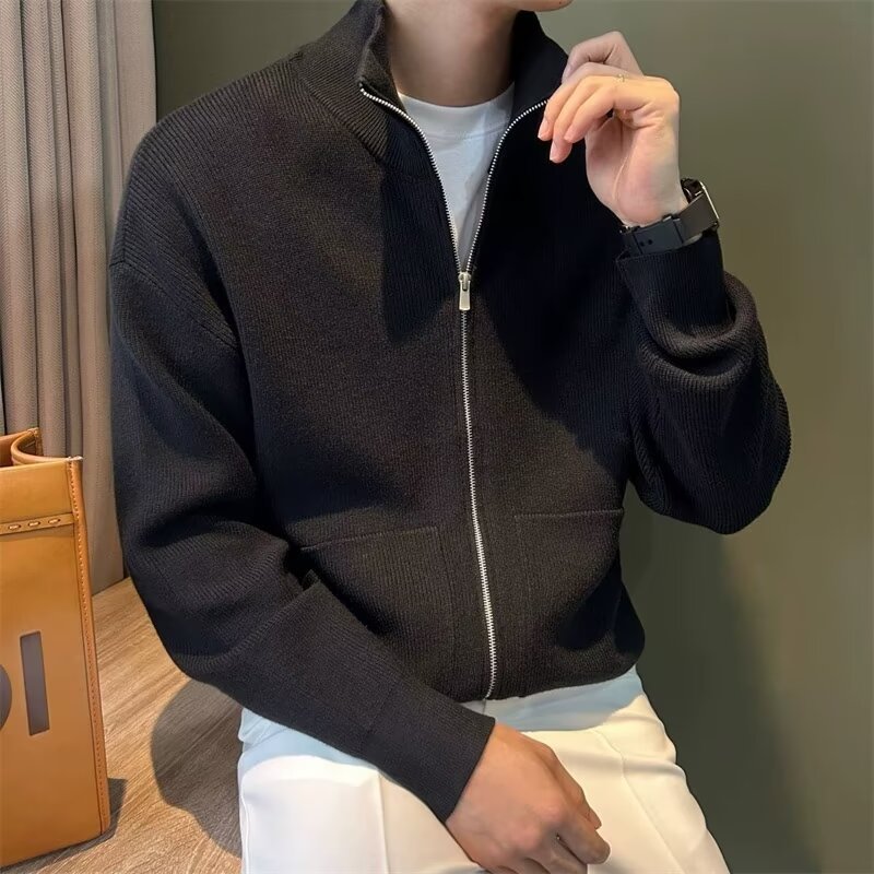Cardigan in maglia slim fit con cerniera da uomo - Giacca in maglia con collo alto in tinta unita per autunno e inverno, capospalla casual_voghion.com
