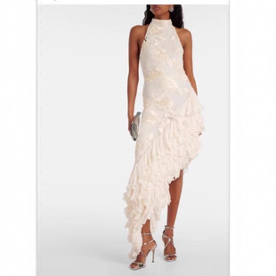 European and American Elegant, Simple and High-End 2025 Spring New Round Neck Sleeveless Waist-Revealing Stereo Flower Asymmetrical Dress