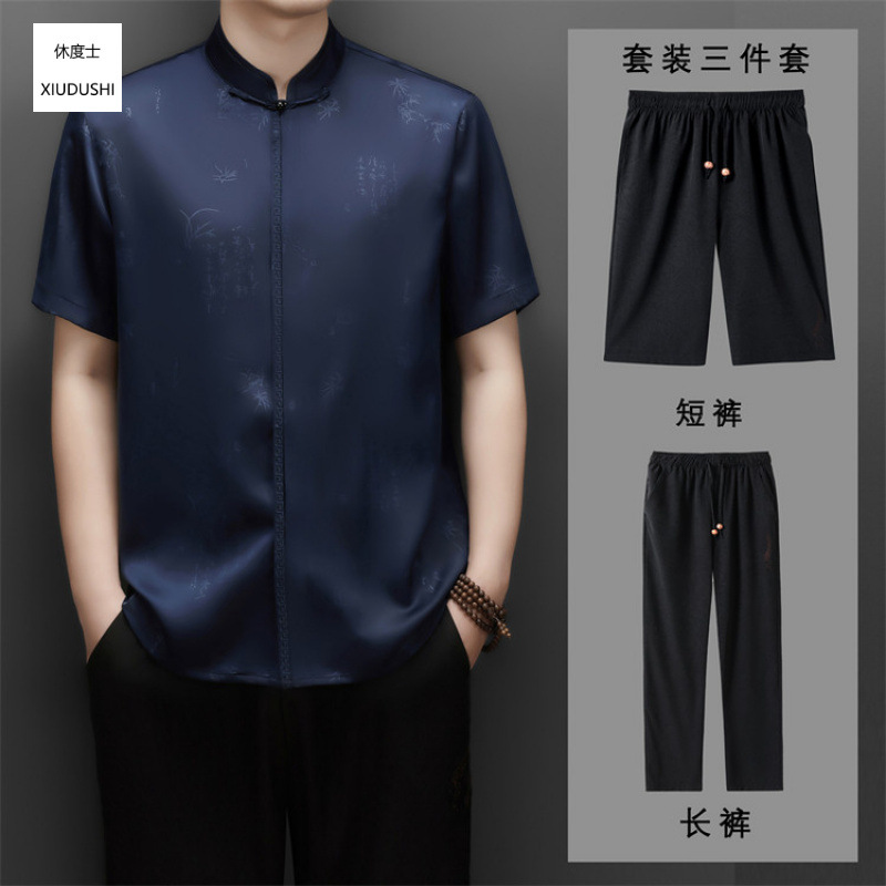 New summer Chinese style short-sleeved shirt for men, retro button-down collar, casual men's shirt and shorts set