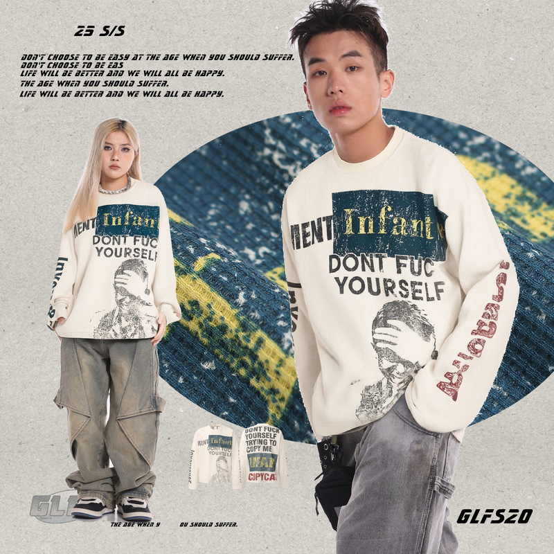Glfs New Lazy Style American-Style Round-Neck Sweatshirt Trendy Street-Style Printed Autumn and Winter Men's Long-Sleeved Top