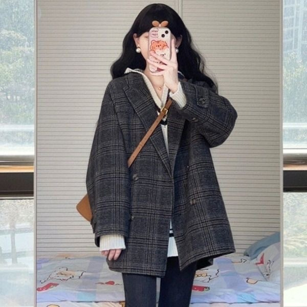 韩系大衣小香风盐系轻熟风格子毛呢外套高级感慵懒韩风衣中长款衣|undefined