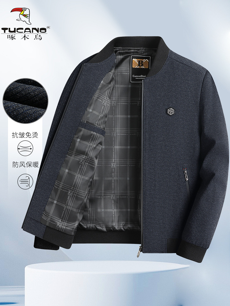 Woodpecker Autumn Chenille Jacket Men's Middle-Aged and Elderly Lapel Casual Jacket Dad's Clothes 70-Year-Old Grandpa Autumn Clothes