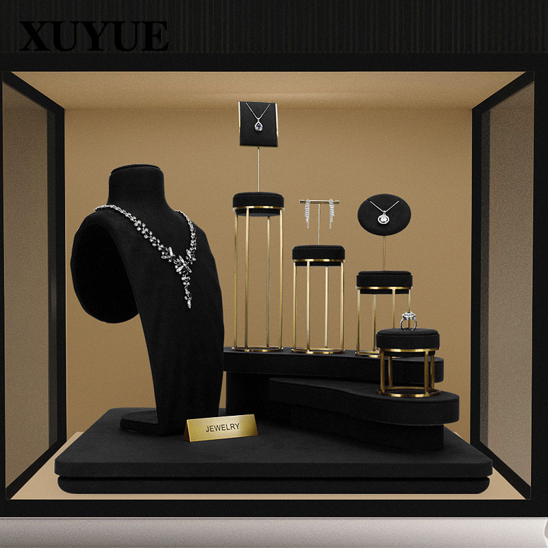 Xuyue High-End Black Superfiber Window Necklace Portrait Neck Metal Jewelry Display Prop Earring Bracelet Rack