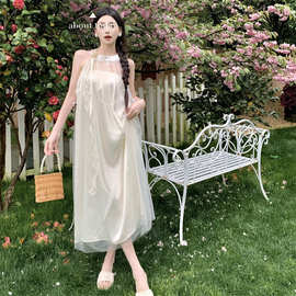 实拍新中式无袖花朵珠链连衣裙家居服吊带性感睡衣网纱冰丝