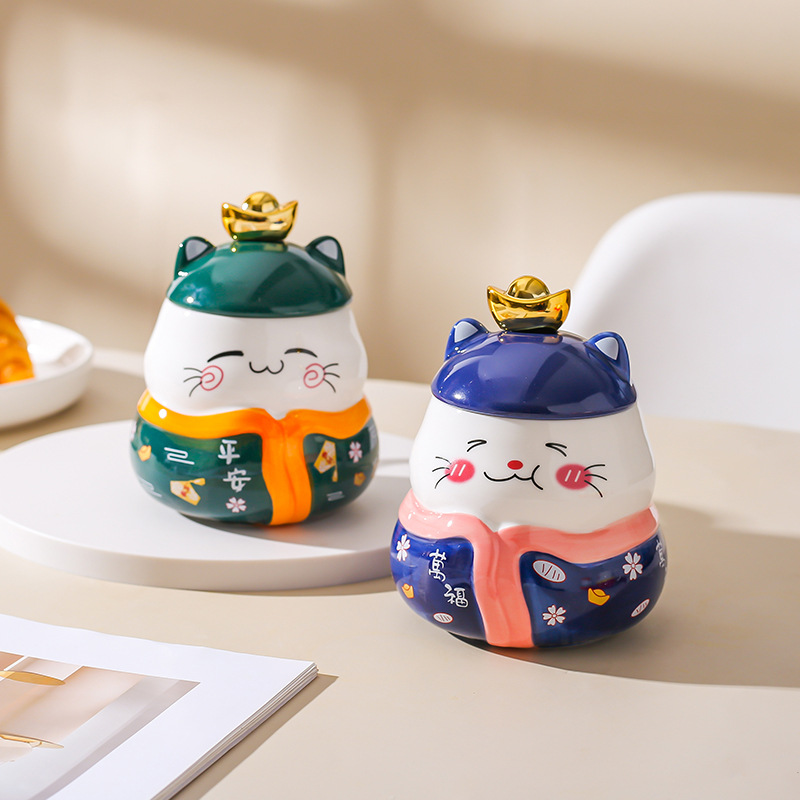 Taza de cerámica de estilo japonés creativo gato afortunado taza de dibujos animados lindo taza de agua de pareja con tapa cuchara taza de café de regalo