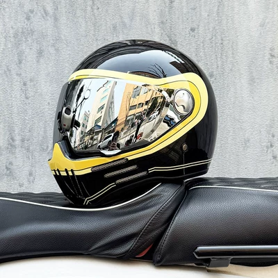 Motosiklet kaskı (dəbilqə), Retro Motorcycle Helmet for Men and - bright-black-track-silver-plated-mirror-transparent-mirror-delivered-m