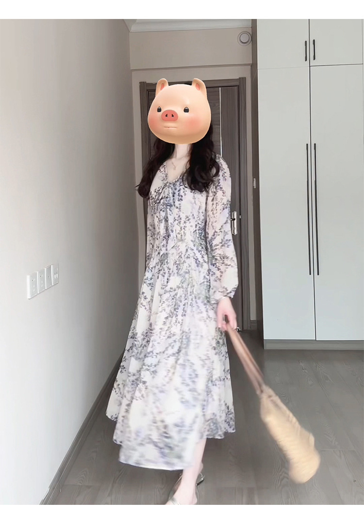 Đầm maxi nữ thắt eo voan hoa Pháp tay dài — Tím chi tiết 4