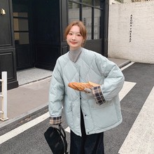 外贸圆领格子拼接羽绒棉服女2025年新款轻薄短款小个子宽松棉衣潮