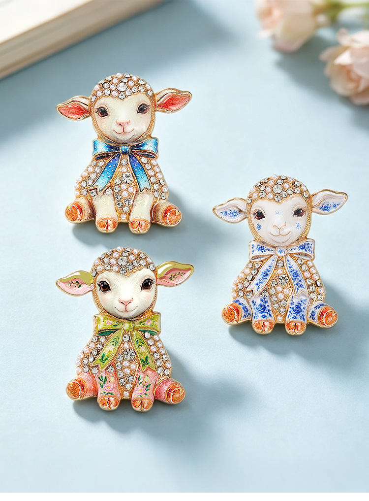 Original cute bowknot lamb brooch with pearls and diamonds, enamel finish, gentle and soothing, decorative pin for women's suits