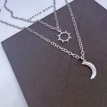 跨境新款日月情侣项链 欧美创意简约不锈钢日月锁骨项链2件套批发