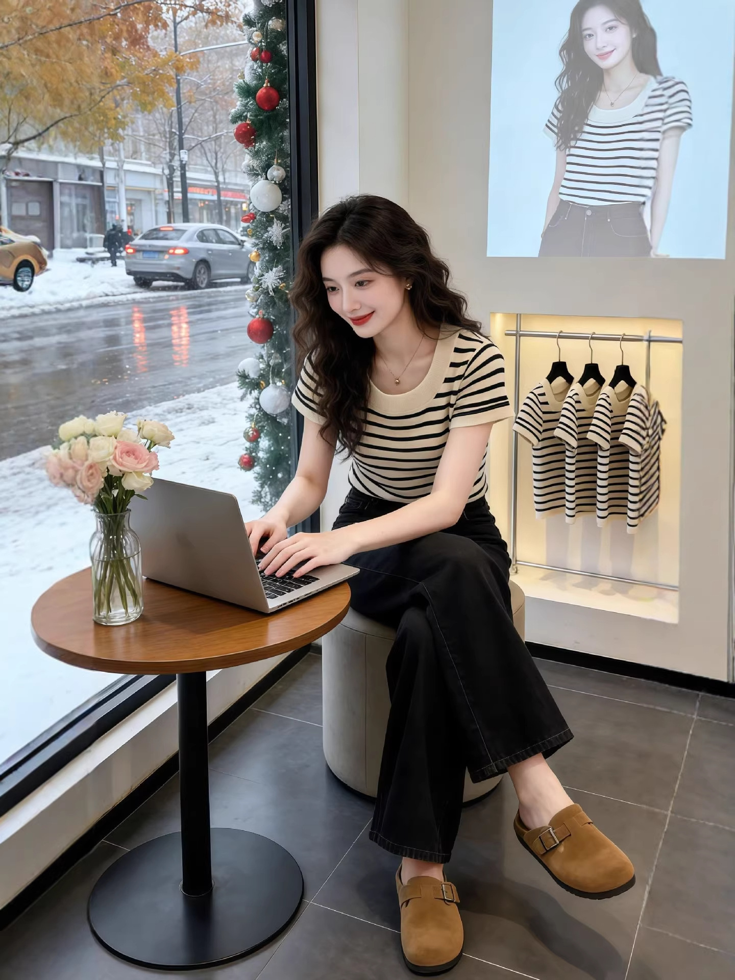 Áo thun nữ cổ U sọc kẻ ngang tay ngắn dệt kim sợi mát form ôm dáng ngắn — Đen dải màu trắng xen kẽ