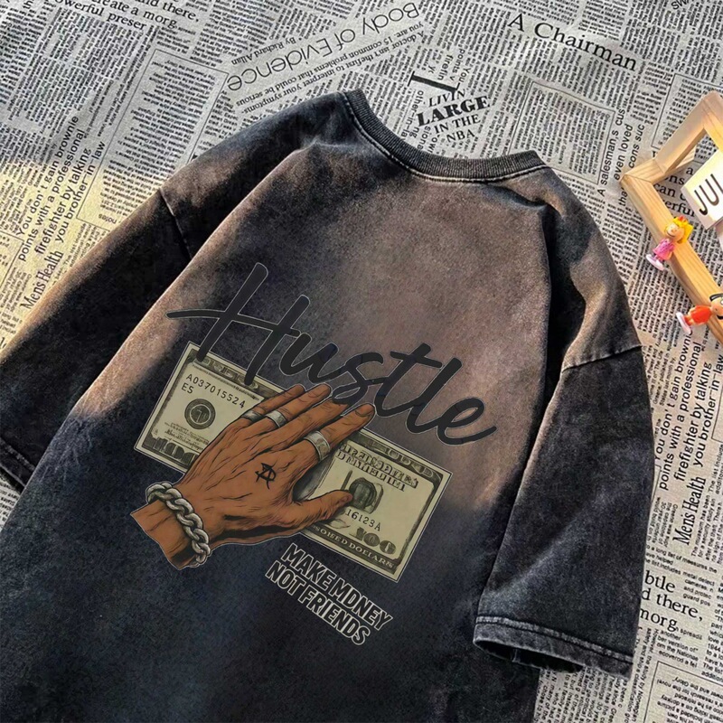 New High Street Style Retro Washed T-Shirt for Men, Short-Sleeved, Loose Fit, Trendy Brand, Money-Making, No Friends Printed on It, Printed Top