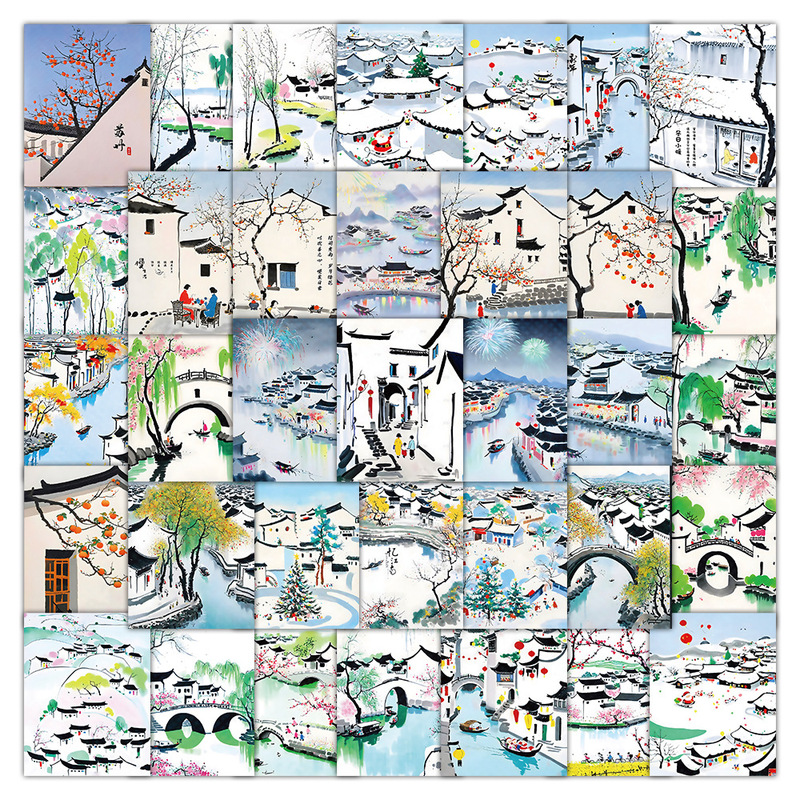60 Oriental Aesthetics Jiangnan Ink Cartoon Stickers Decorative Luggage Case Notebook Stickers Wholesale