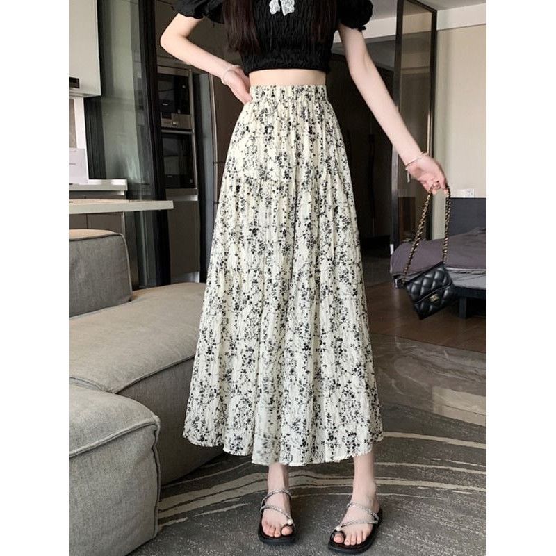 碎花褶皱半身裙女2025夏季新款高腰显瘦A字大摆裙中长款百褶伞裙|undefined