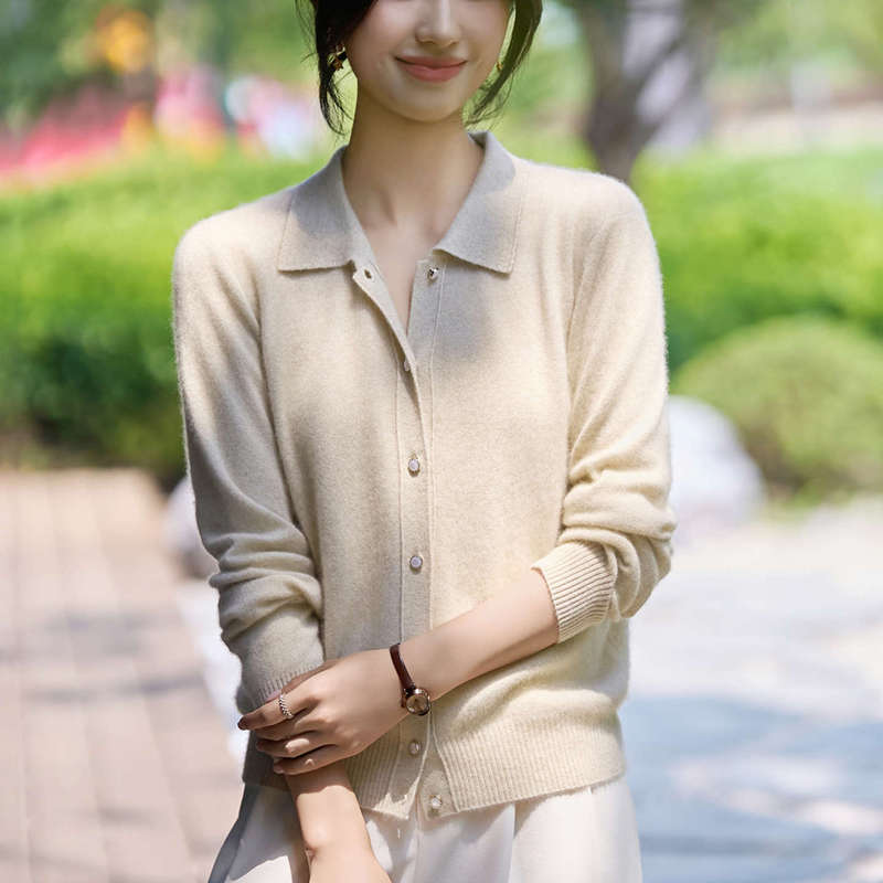 Knitted Jacket Pure Autumn and Winter Cashmere New Casual Cardigan Shirt Solid Color Sweater Versatile Women's Collar