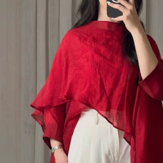 2026跨境亚马逊新款欧美风宽松衬衫女设计感不规则披肩袖百搭纯色