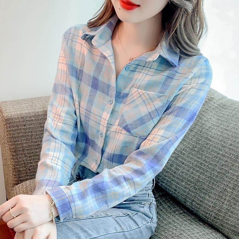 2026 Spring and Autumn Style Base Shirt Women's Vintage Plaid Long Sleeve Brushed Shirt Fashionable European Style Top