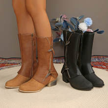 秋季新款外贸现货大码粗跟女式侧拉链马丁靴女一件代发TEMU亚马逊