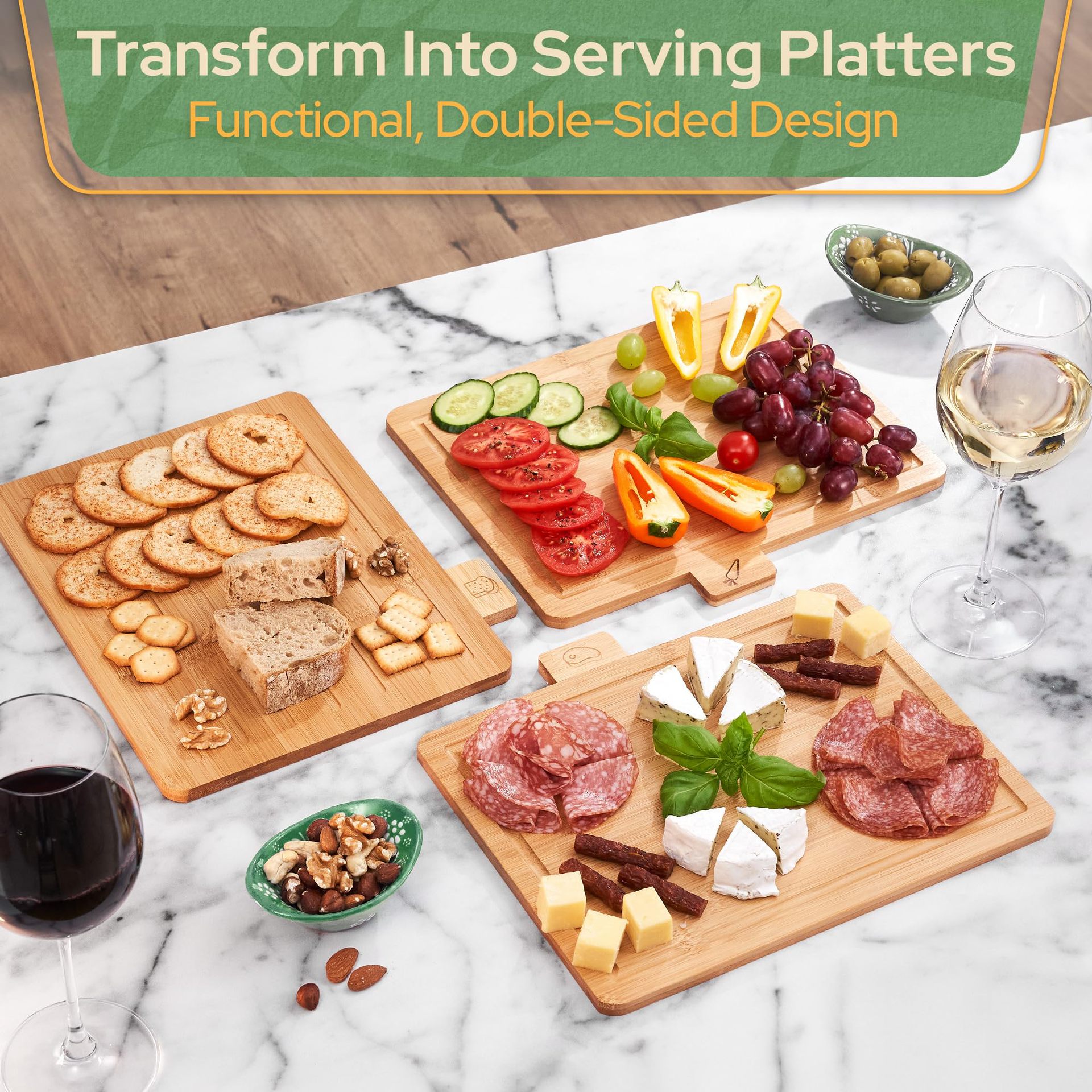 Cocina de madera de bambú tablero de corte de 4 piezas conjunto de tablero de corte de carne compartimiento tanque de jugo con icono de alimentos pan verduras frutas